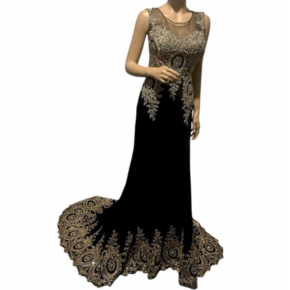 Shail K Rhinestone Mesh  Black Gold Evening Gown  W/ Train  Size 10 Prom - Picture 2 of 14